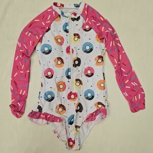 New! Girls Donut Print Long Sleeve Rashguard One-Piece Swimsuit, Pink/White